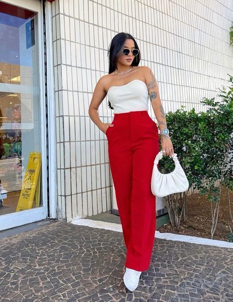 Strapless White Top with Red Wide-Leg Pants